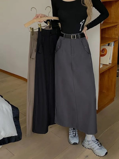 Casual Full Length Side Pocket Loose Skirts With Belt